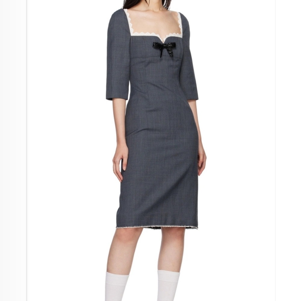 Shushu/Tong Grey Midi Dress NWT UK 10 / US 9–10 Lace Beaded Bow Satin Lined - Picture 2 of 13